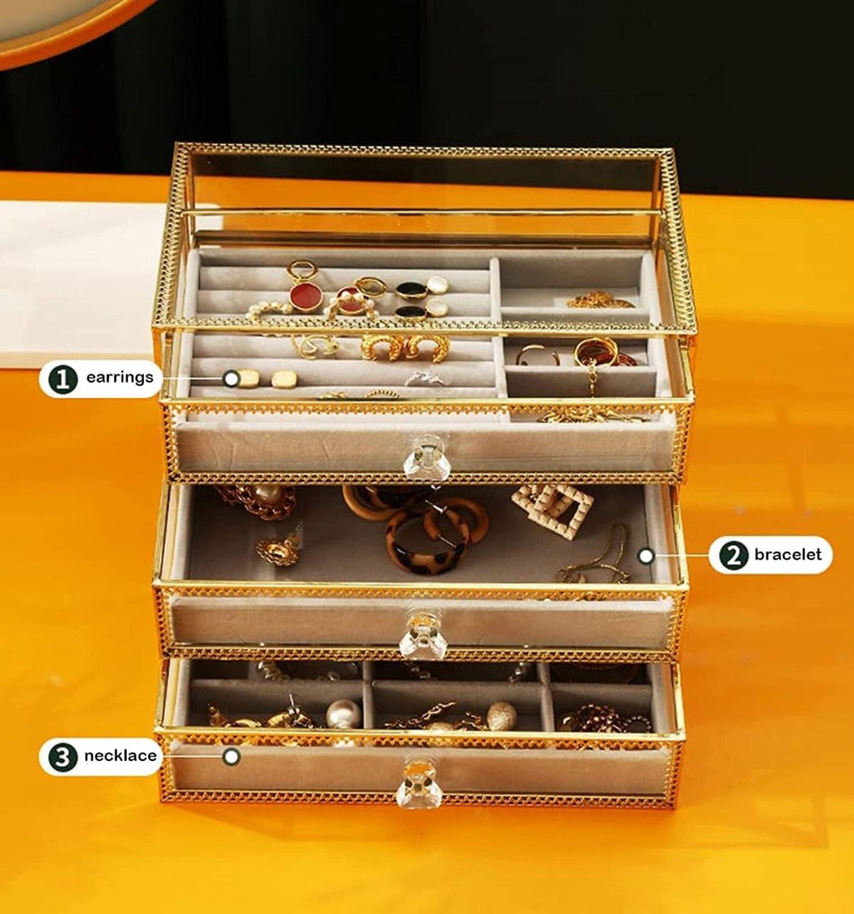 Boîte à bijoux Organisateur de bijoux Rangement de bijoux de grande capacité avec panneau en verre transparent Organisateur de rangement de cloison Collier Boucle d'oreille – Image 3