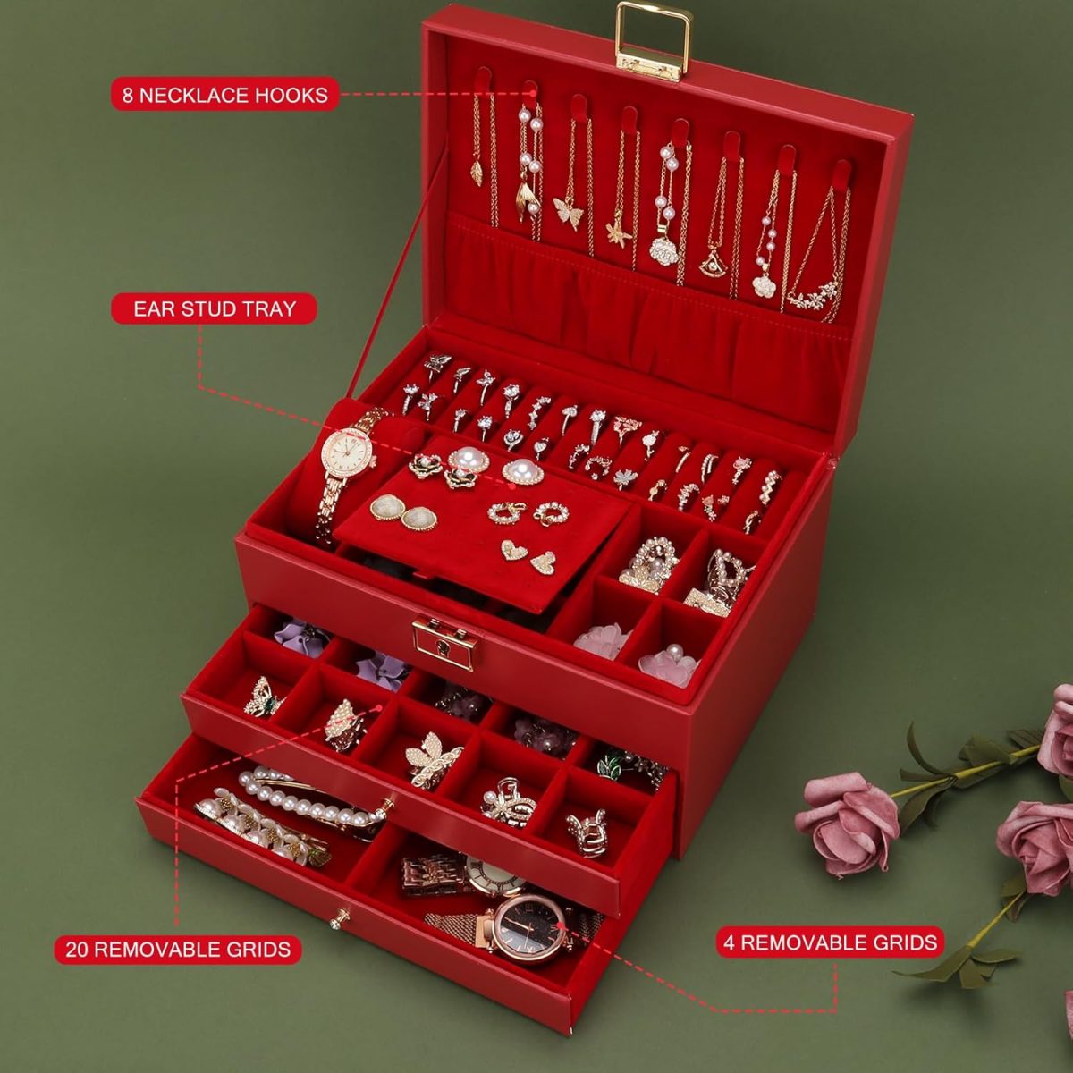Boîte à bijoux, Organisateur de bijoux avec 2 tiroirs, Boîte de rangement de bijoux en cuir à 3 couches avec serrure – Image 5