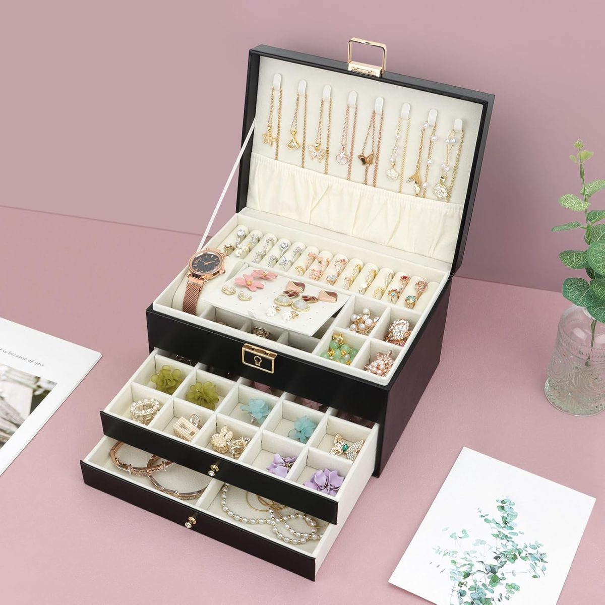Boîte à Bijoux Multifonctionnelle Élégante en Similicuir Noir avec Finitions  Dorées – Image 3