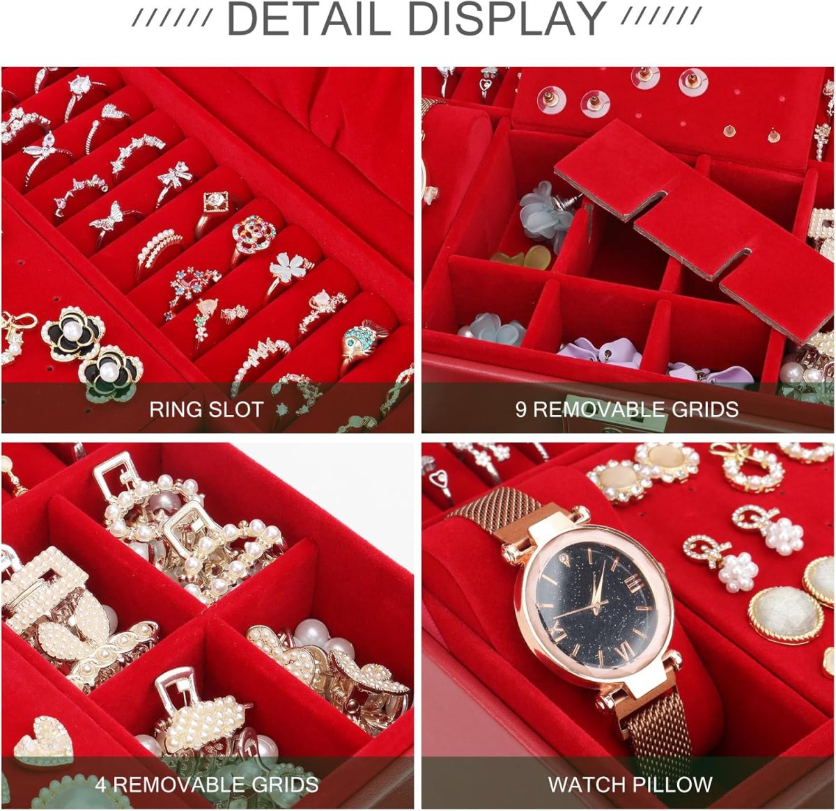 Boîte à bijoux, Organisateur de bijoux avec 2 tiroirs, Boîte de rangement de bijoux en cuir à 3 couches avec serrure – Image 4