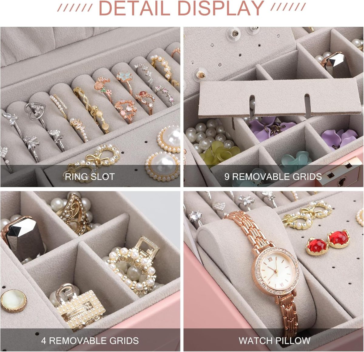 Boîte à Bijoux Multifonctionnelle en Similicuir Rose Clair avec Élégantes Finitions Dorées – Image 4