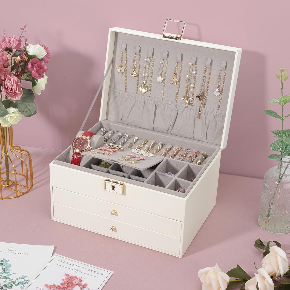DesignSter Boîte à bijoux, Organisateur de bijoux avec 2 tiroirs, Boîte de rangement de bijoux en cuir à 3 couches avec serrure, Coffret à Bijoux pour... – Image 4