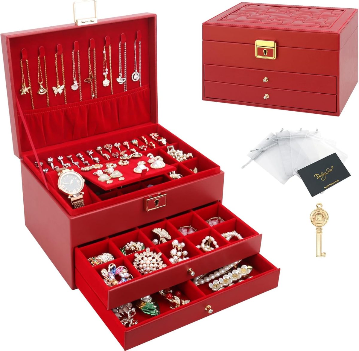 Boîte à bijoux, Organisateur de bijoux avec 2 tiroirs, Boîte de rangement de bijoux en cuir à 3 couches avec serrure – Image 6