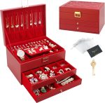 Boîte à bijoux, Organisateur de bijoux avec 2 tiroirs, Boîte de rangement de bijoux en cuir à 3 couches avec serrure – Image 6