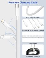 Câble de charge multiple 1,2 m – USB 3-en-1 (iPhone, Micro USB, USB-C), nylon tressé, charge rapide – Image 5