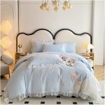 Parure de lit rose style coréen princesse en coton, dentelle et fleurs brodées – Housse de couette + drap + taies (4 pcs, King Size) – Image 9