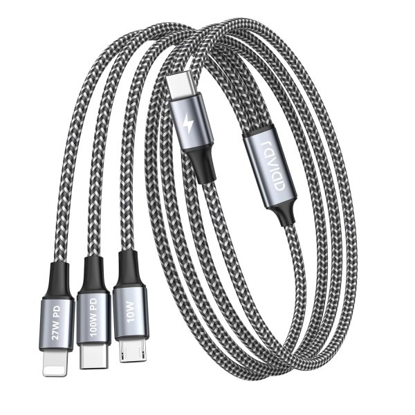 Le RAVIAD 100W câble multi embout (1,2 m) est un câble 3-en-1 qui combine plusieurs connecteurs en un seul