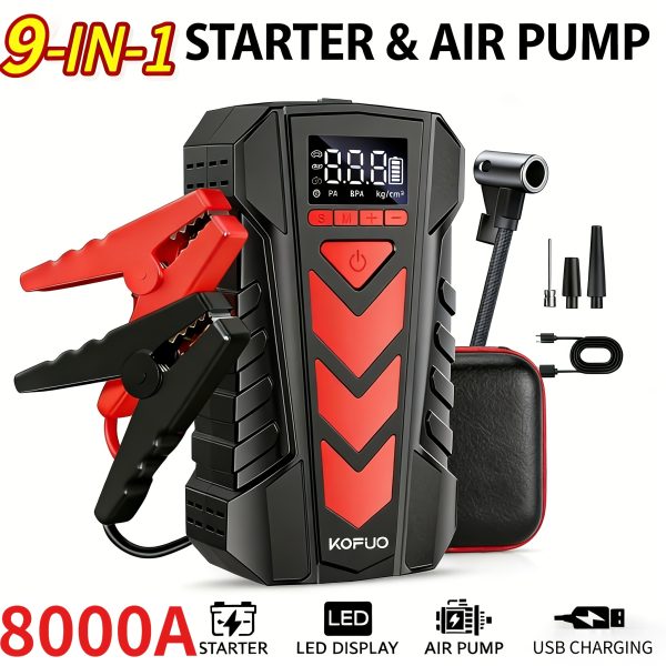KOPUO 8000A Peak 12V Car Jump Starter Battery Booster Jump Box, Portable 150PSI Air Compressor Tire Inflator, LED Flashlight SOS Strobe Power Bank, for 9L Gas/8L Diesel, Cars SUV Trucks Motorcycles Emergency Roadside Kit