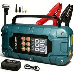 KOPUO 7500A/9500A Car Jump Starter with 150PSI Tire Inflator, Emergency Battery Booster with Safety Hammer, UP to 10L Gas & 8L Diesel 12V Vehicle Start, Type-C Fast Charging, Digital Display & LED Light for Car Truck SUV